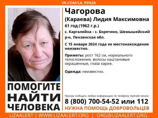 В Шемышейском районе пропала 61-летняя Лидия Чагорова (Караева)
