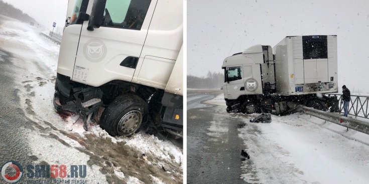 Фура сложилась пополам на трассе под Пензой