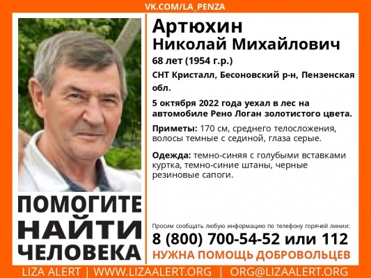 В Бессоновском районе ищут 68-летнего Николая Артюхина