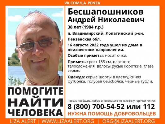 В Лопатинском районе ищут 38-летнего Андрея Бесшапошникова