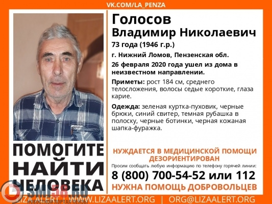 В Пензенской области ищут 73-летнего Владимира Голосова