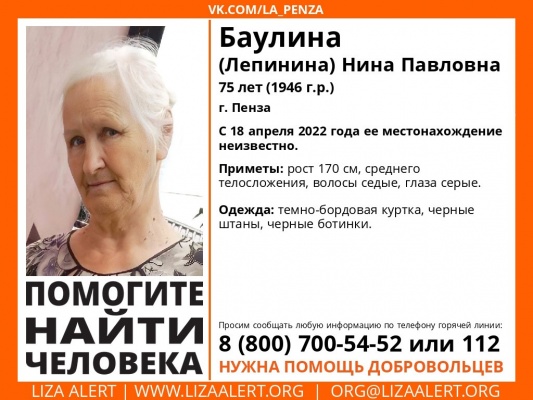 В Пензе пропала 75-летняя Нина Баулина (Лепинина)