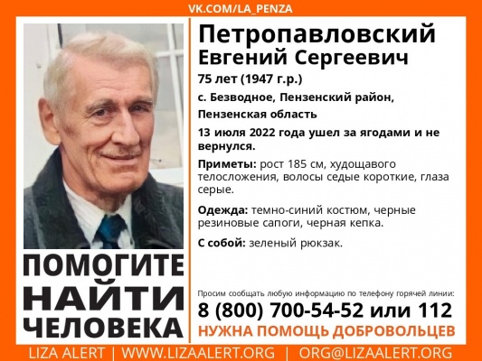 В Пензенском районе объявлены поиски 75-летнего Евгения Петропавловского