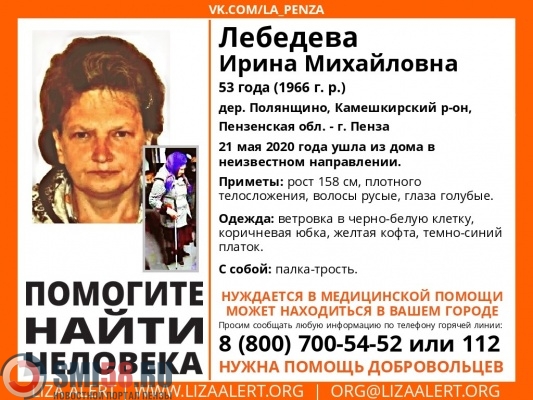 В Камешкирском районе пропала 53-летняя Ирина Лебедева