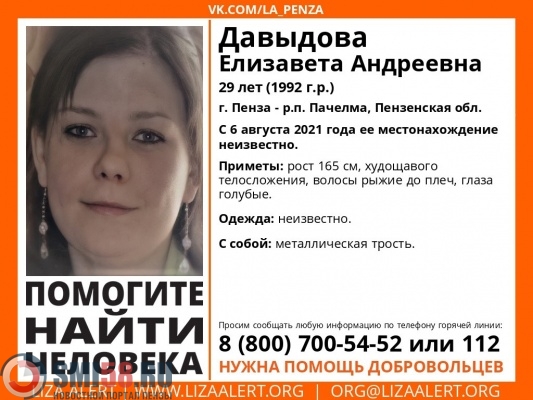В Пензенской области пропала 29-летняя Елизавета Давыдова