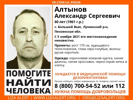 60-летний Александр Алтынов пропал в Лунинском районе